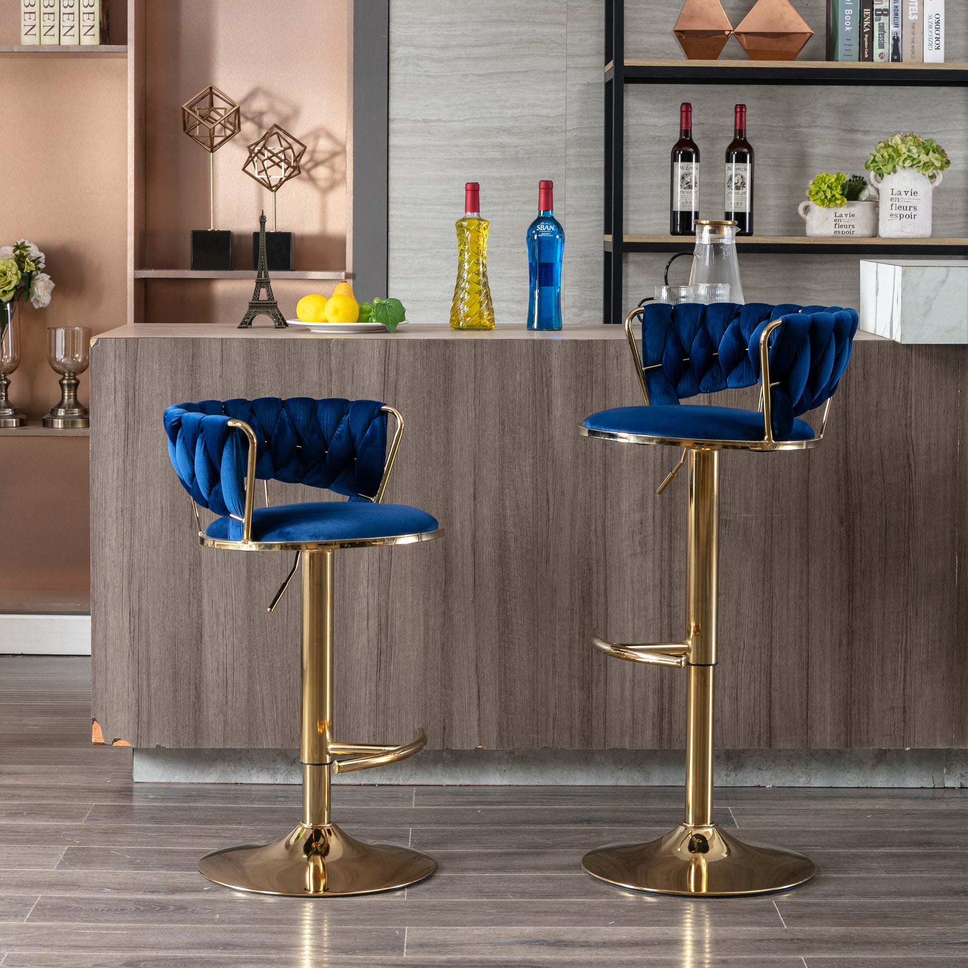 Set Of 2 Bar Stools,With Chrome Footrest And Base Swivel Height Adjustable Mechanical Lifting Velvet Golden Leg Simple Bar Stool Blue Blue Foam Fabric