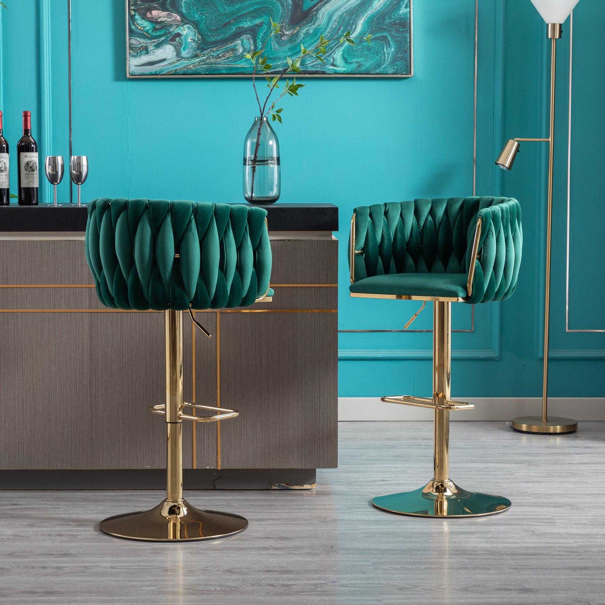 Set Of 2 Bar Stools,With Chrome Footrest And Base Swivel Height Adjustable Mechanical Lifting Velvet Golden Leg Simple Bar Stool Green Green Foam Fabric