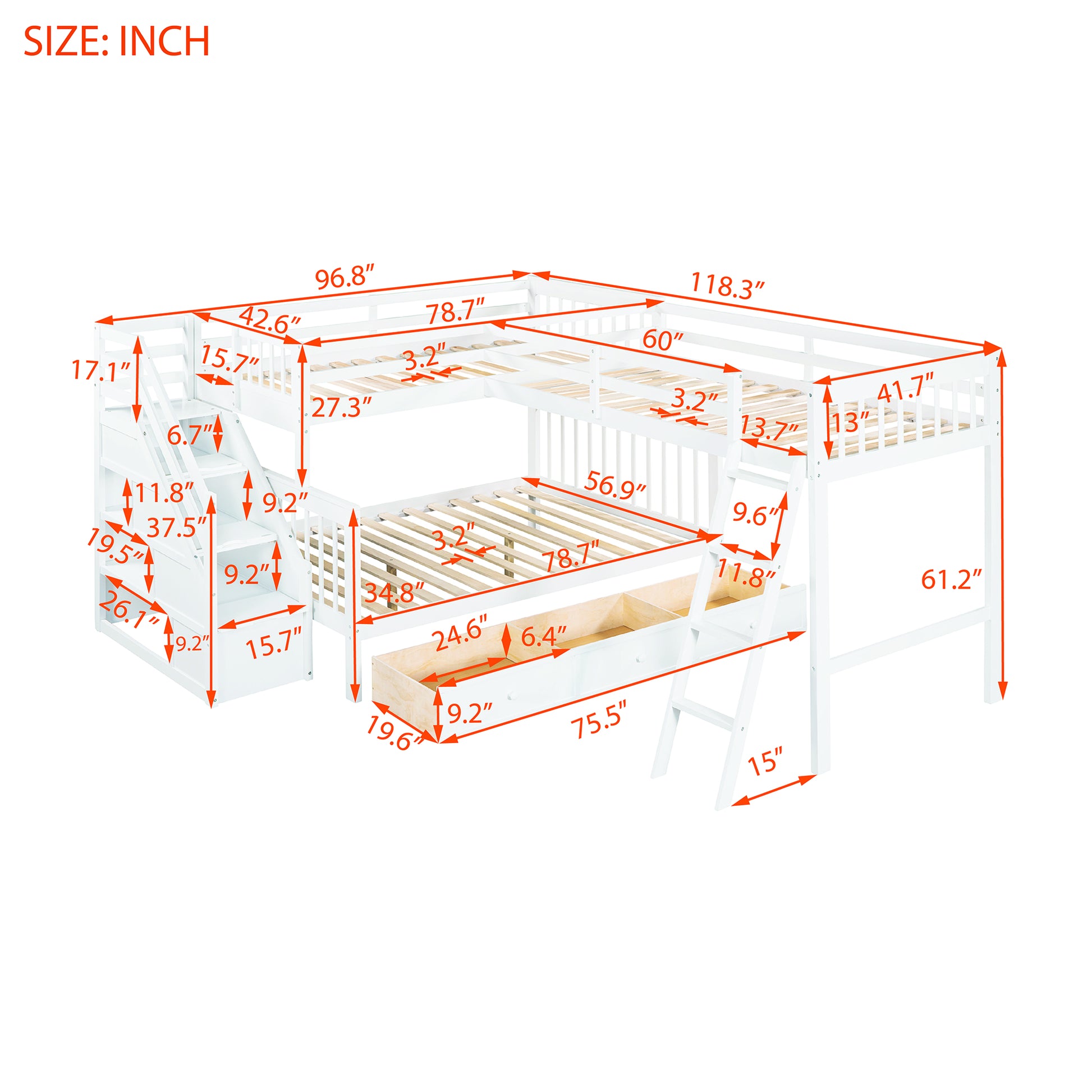 Twin Over Full L Shaped Bunk Bed With 3 Drawers, Ladder And Staircase White White Solid Wood