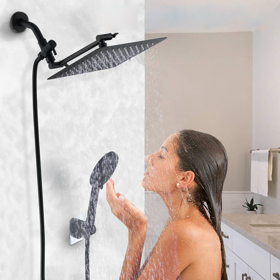 Shower Head, 10 Inch High Pressure Rainfall Shower Head Handheld Shower Combo With 11 Inch Extension Arm, 6 Settings Adjustable Anti Leak Shower Head With Holder Hose, Height Angle Adjustable Matte Black Metal