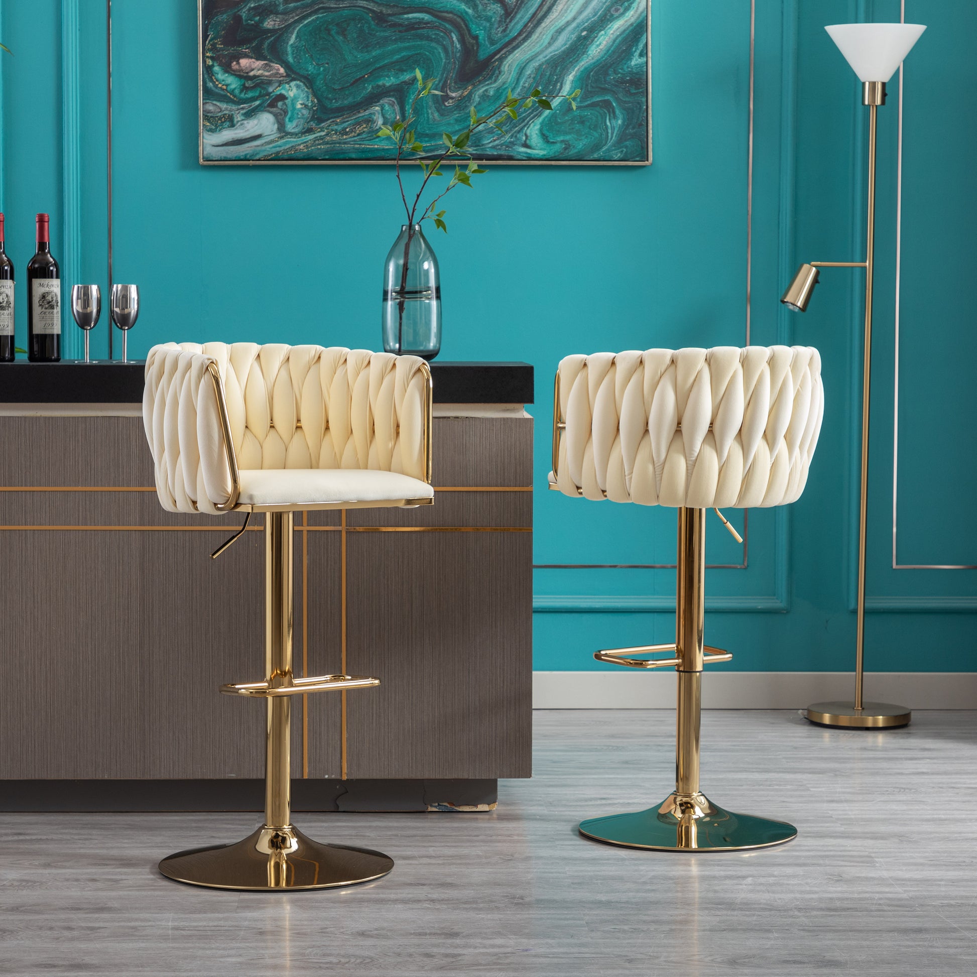 Set Of 2 Bar Stools,With Chrome Footrest And Base Swivel Height Adjustable Mechanical Lifting Velvet Golden Leg Simple Bar Stoo,Ivory Metal Ivory Dining Room Foam Modern Handle Bar Stools Foam