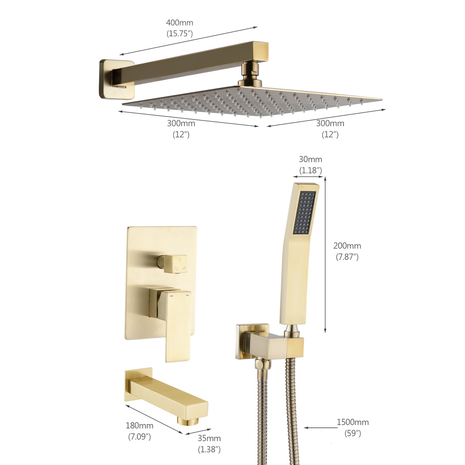 Brushed Gold Shower System 12 Inch Brass Bathroom Deluxe Rain Mixed Shower Combination Set Wall Mounted Rain Shower Head System Shower Faucet Brushed Gold Brass