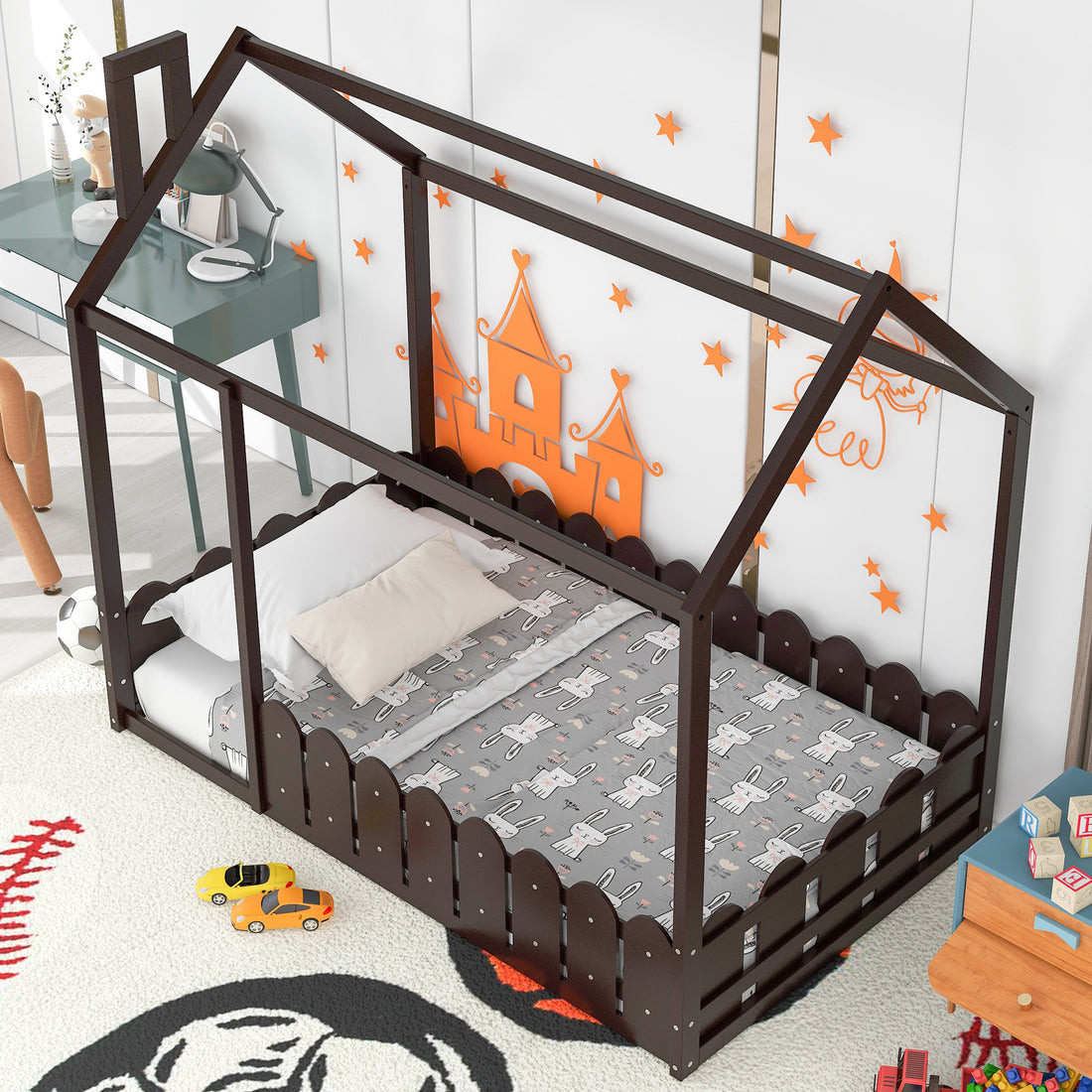 Slats Are Not Included Twin Size Wood Bed House Bed Frame With Fence,For Kids,Teens, Girls,Boys Espresso Old Sku:Wf194274Aap Espresso Solid Wood