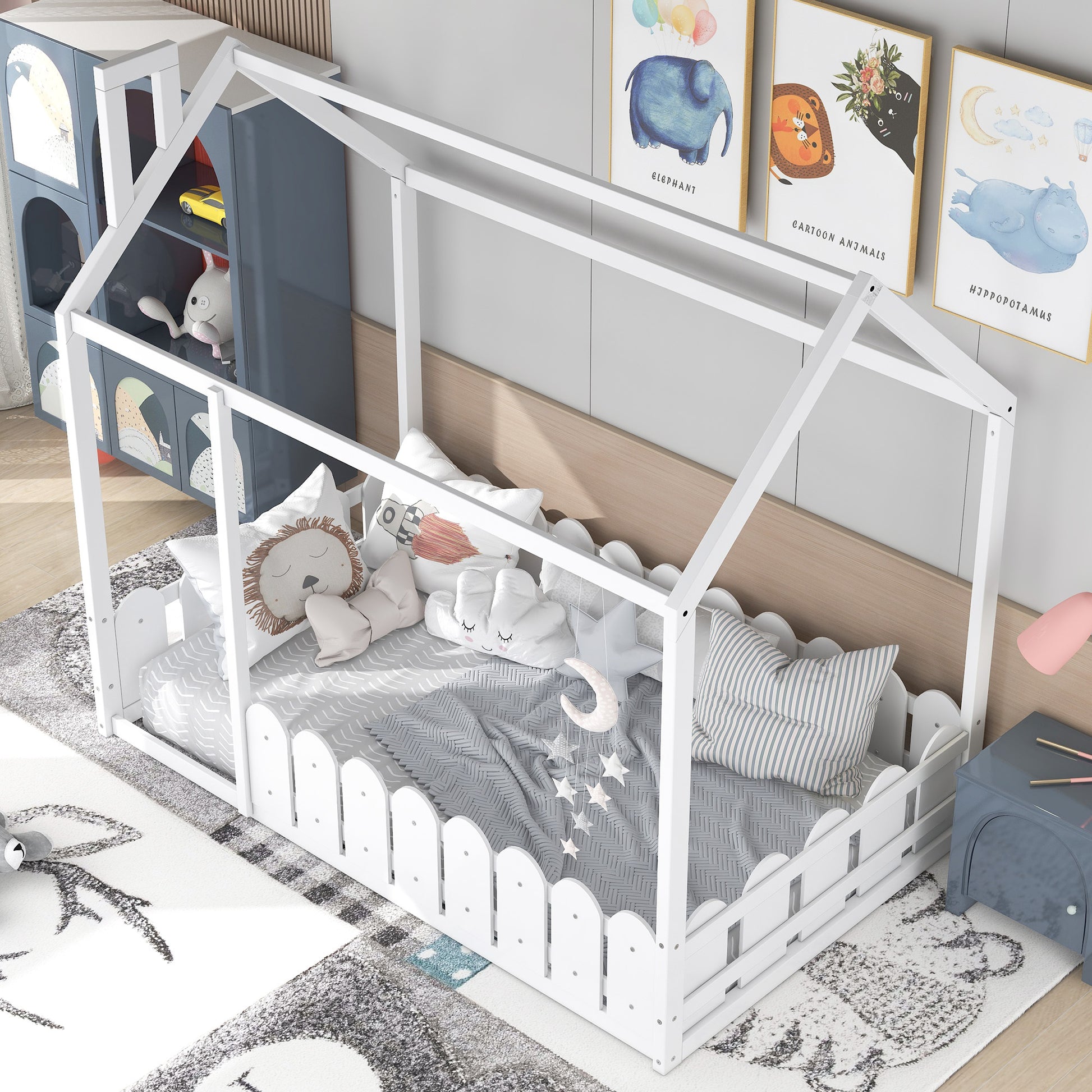 Slats Are Not Included Twin Size Wood Bed House Bed Frame With Fence,For Kids,Teens, Girls,Boys White Old Sku:Wf194274Aak White Solid Wood