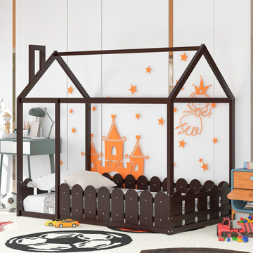 Slats Are Not Included Twin Size Wood Bed House Bed Frame With Fence,For Kids,Teens, Girls,Boys Espresso Old Sku:Wf194274Aap Espresso Solid Wood