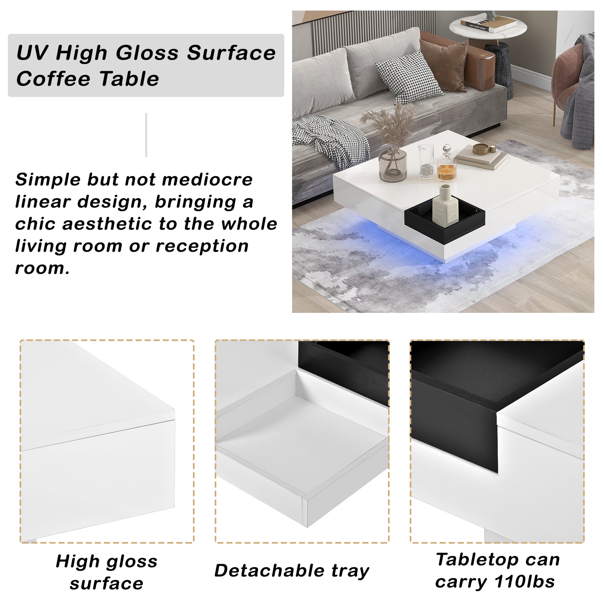 Modern Minimalist Design 31.5*31.5In Square Coffee Table With Detachable Tray And Plug In 16 Color Led Strip Lights Remote Control For Living Room White Particle Board