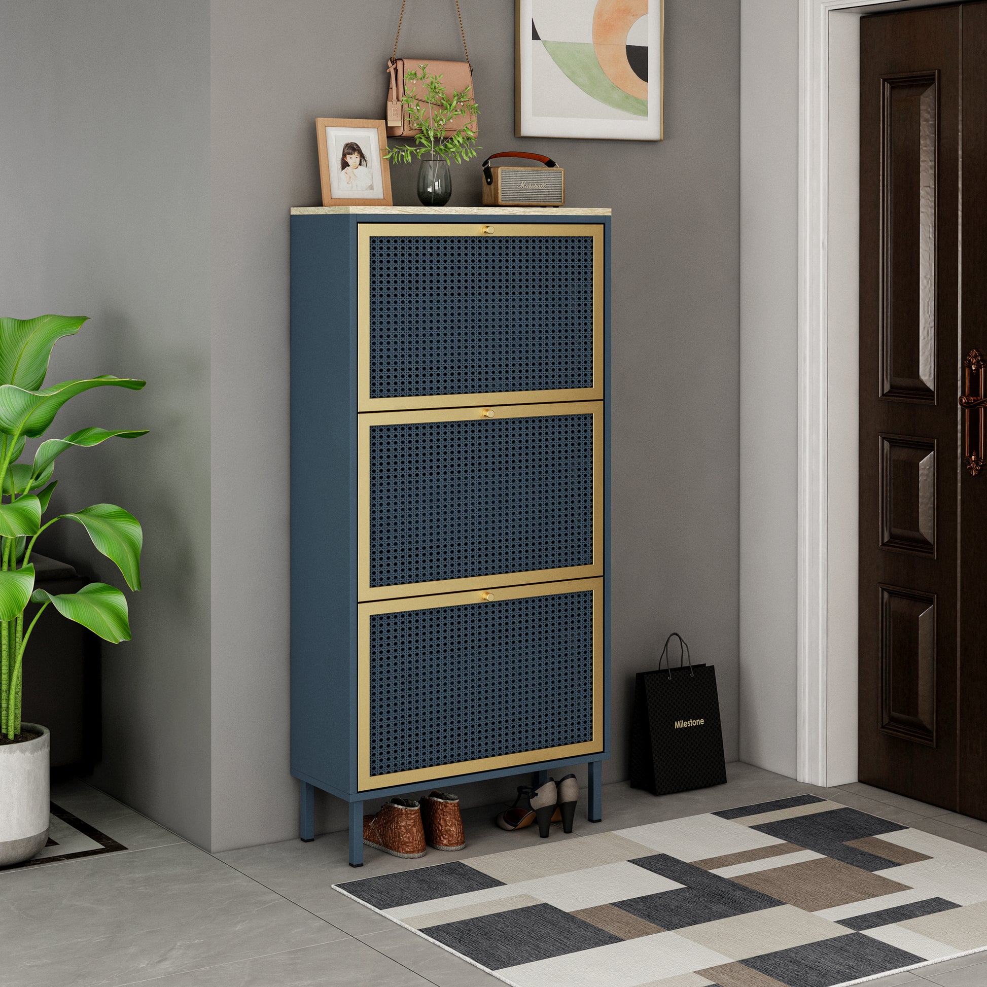 3 Metal Door Shoe Rack, Freestanding Modern Shoe Storage Cabinet, Metal Rattan, For Entryway Blue Gray Particle Board