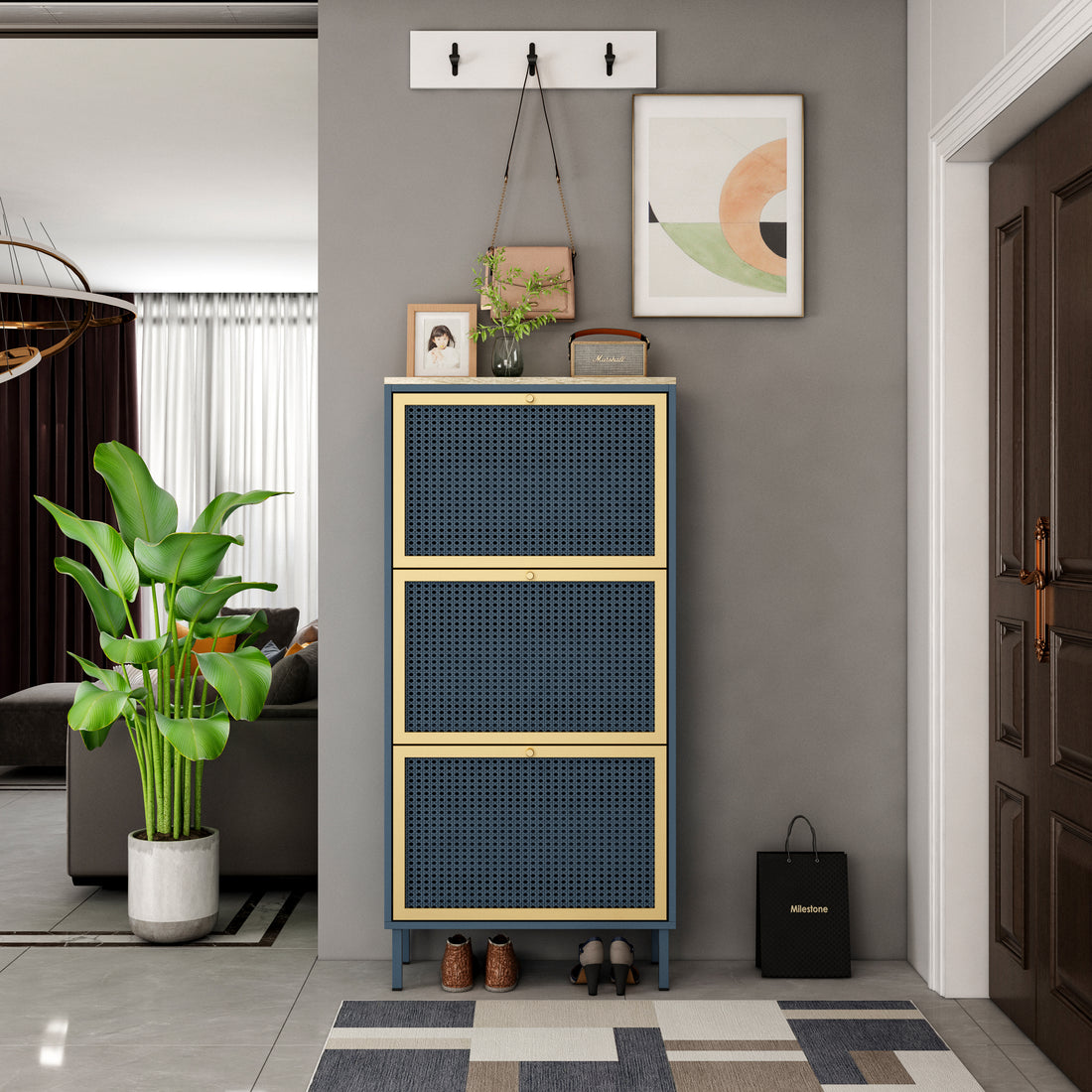 3 Metal Door Shoe Rack, Freestanding Modern Shoe Storage Cabinet, Metal Rattan, For Entryway Blue Gray Particle Board