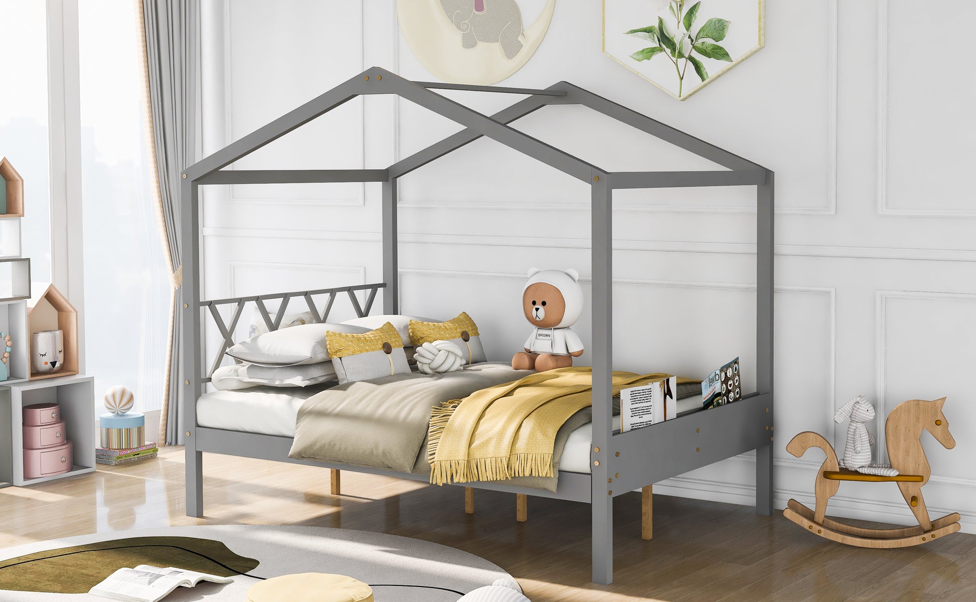 Full Size Wood House Bed With Storage Space, Gray Old Sku :Lp000002Aae Gray Solid Wood