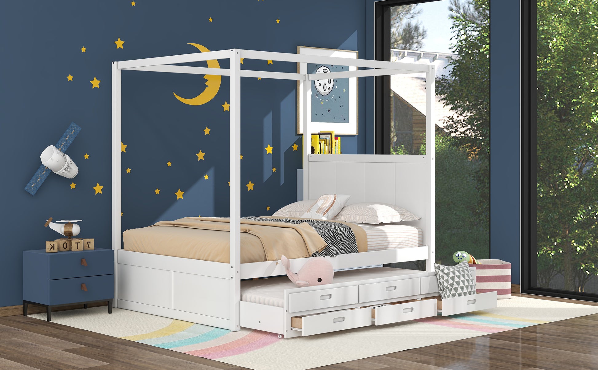 Queen Size Canopy Platform Bed With Twin Size Trundle And Three Storage Drawers,White White Pine