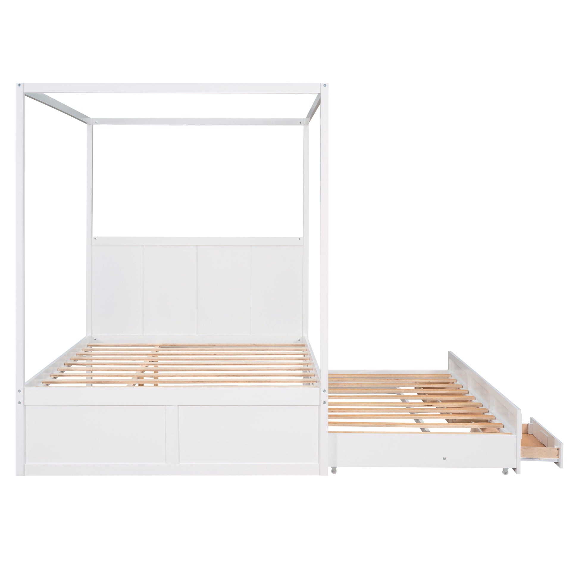 Queen Size Canopy Platform Bed With Twin Size Trundle And Three Storage Drawers,White White Pine