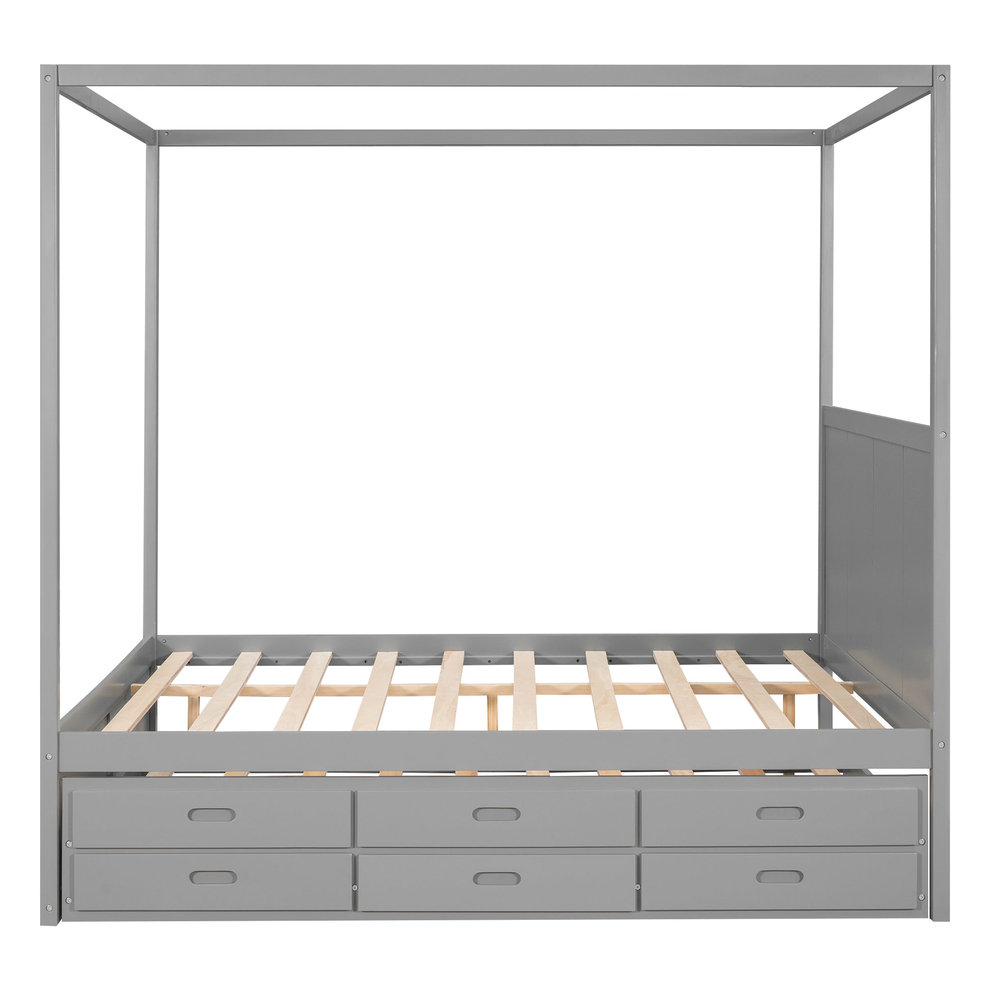 Queen Size Canopy Platform Bed With Twin Size Trundle And Three Storage Drawers,Gray Gray Pine