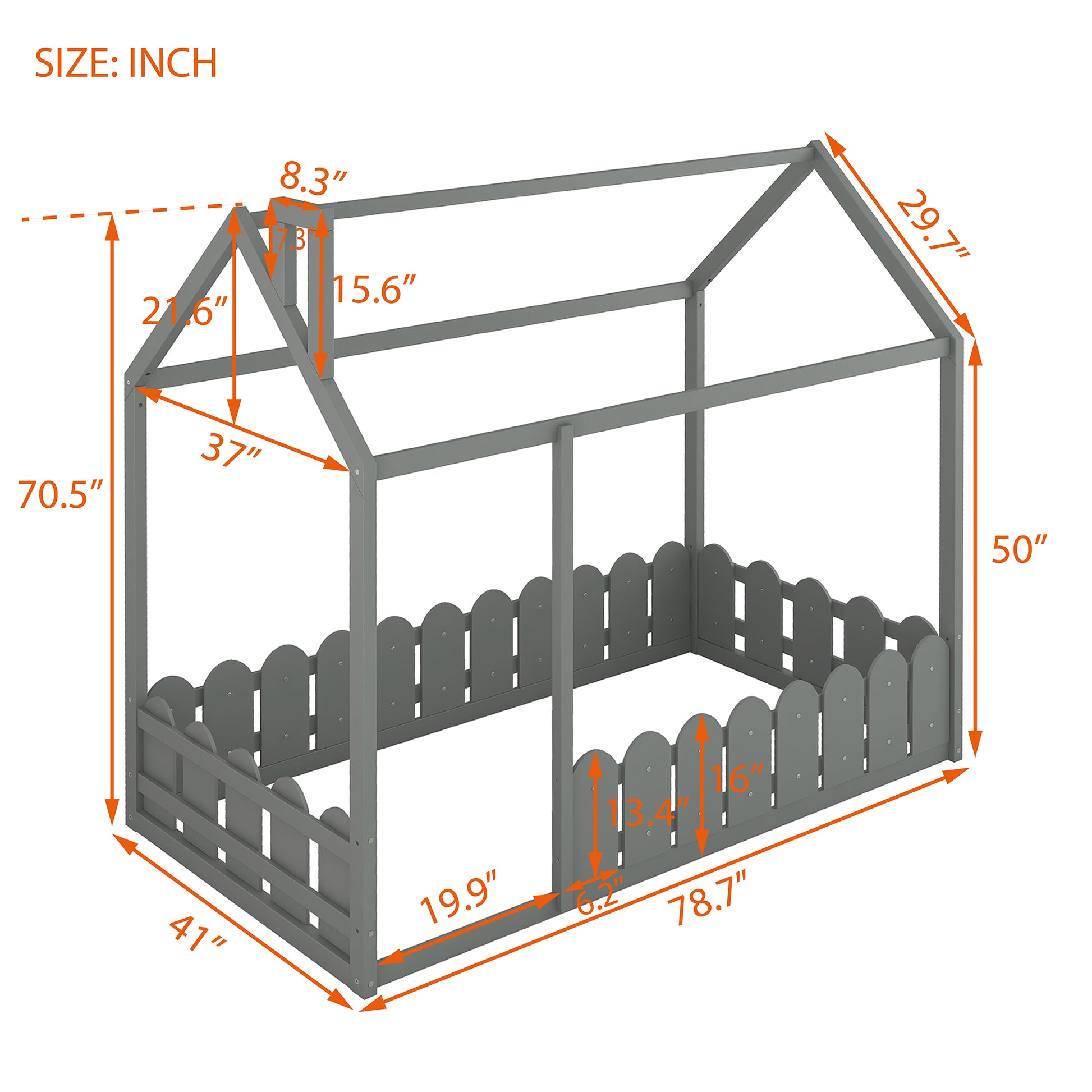 Slats Are Not Included Twin Size Wood Bed House Bed Frame With Fence,For Kids,Teens, Girls,Boys Gray Old Sku:Wf194274Aae Gray Solid Wood