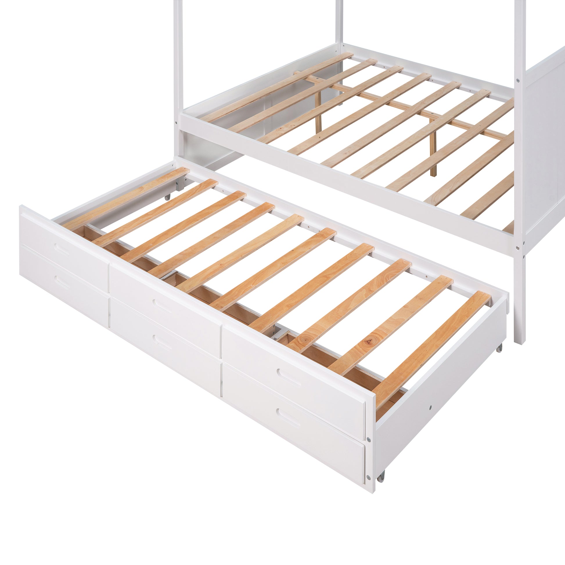 Queen Size Canopy Platform Bed With Twin Size Trundle And Three Storage Drawers,White White Pine