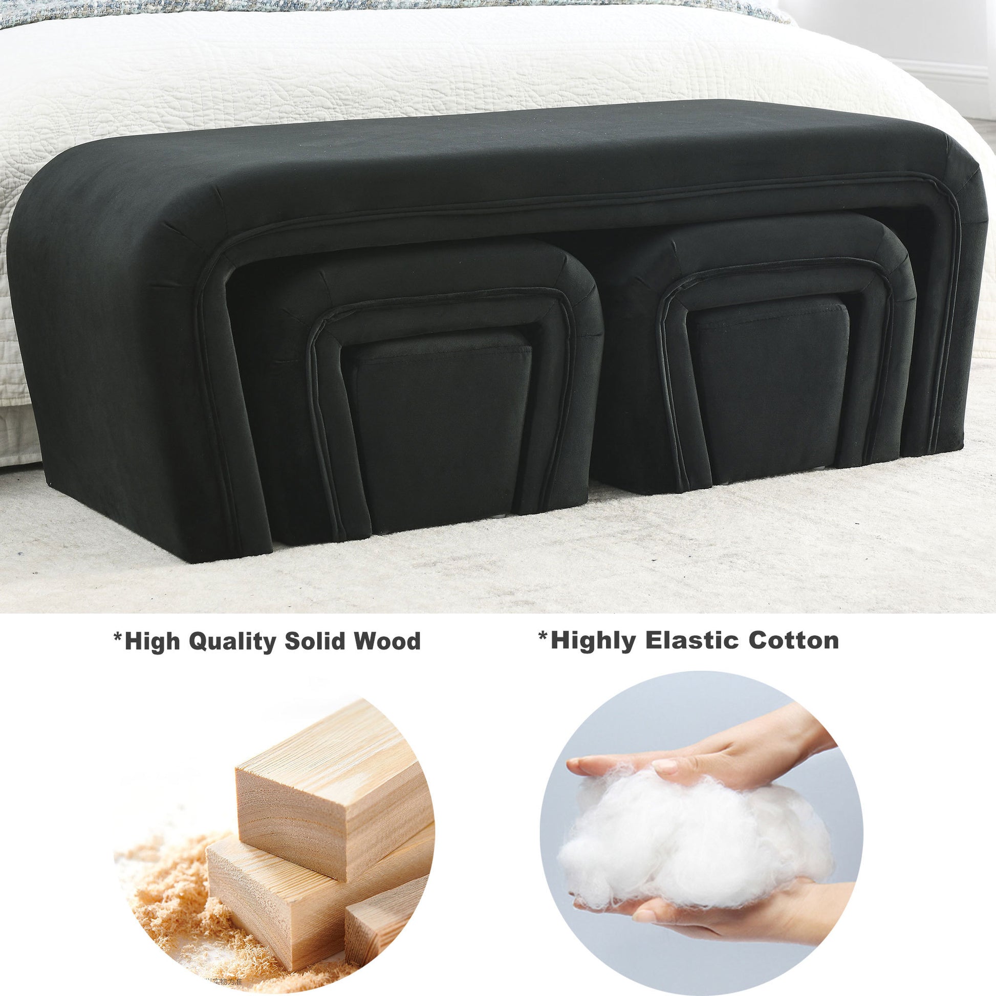 Video Welike 46" W Modern Contemporary Upholstered Nesting Bench, Including Four Nesting Benches, Velvet Black Polyester Velvet