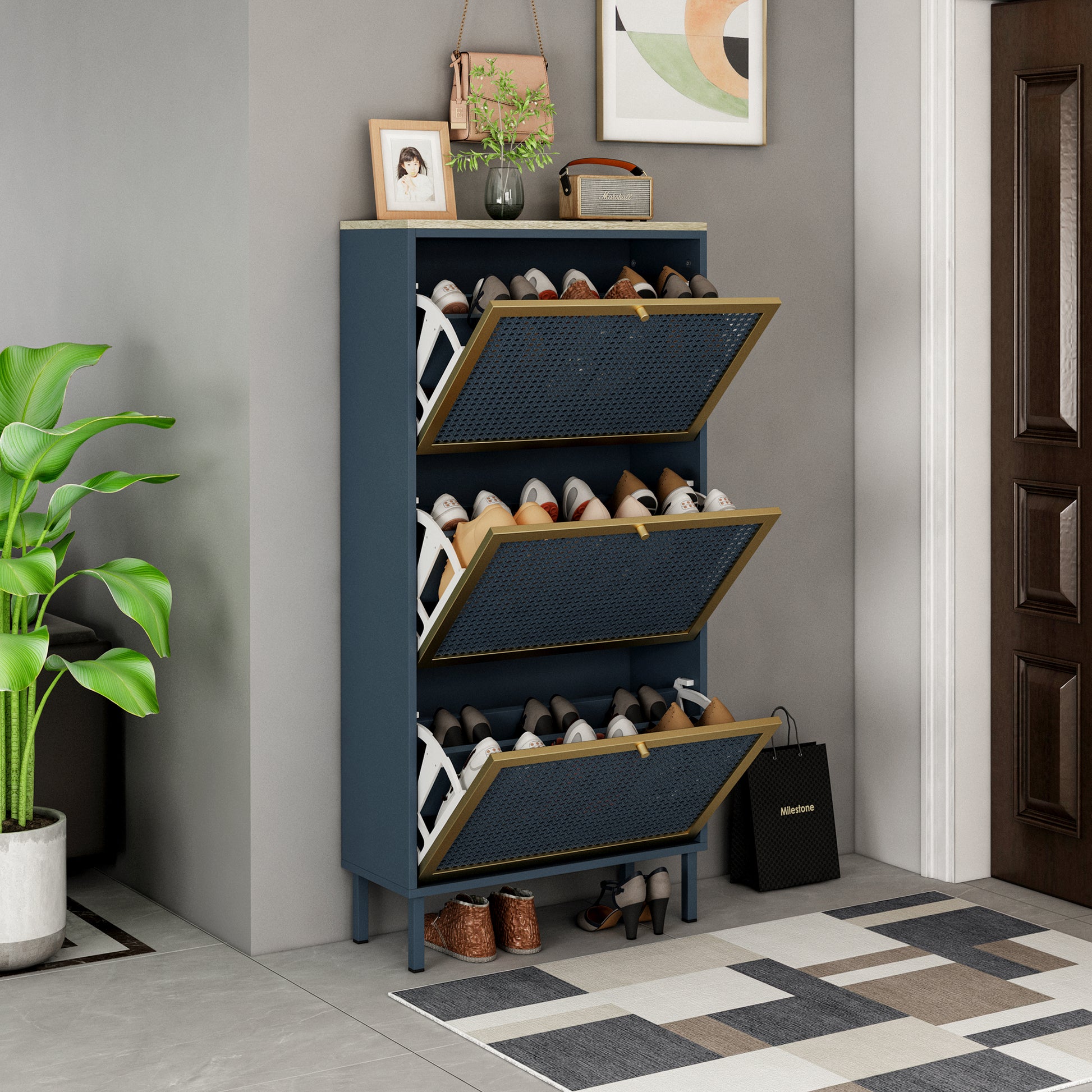 3 Metal Door Shoe Rack, Freestanding Modern Shoe Storage Cabinet, Metal Rattan, For Entryway Blue Gray Particle Board