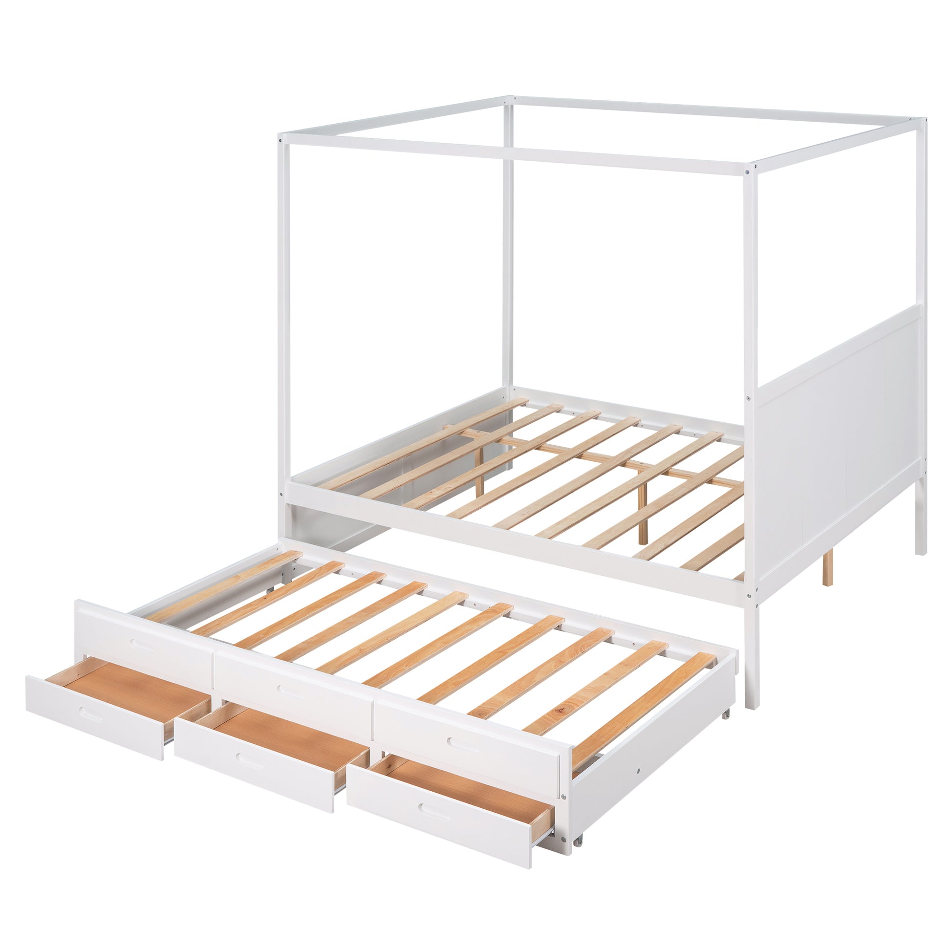 Queen Size Canopy Platform Bed With Twin Size Trundle And Three Storage Drawers,White White Pine