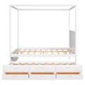 Queen Size Canopy Platform Bed With Twin Size Trundle And Three Storage Drawers,White White Pine