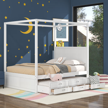 Queen Size Canopy Platform Bed With Twin Size Trundle And Three Storage Drawers,White White Pine