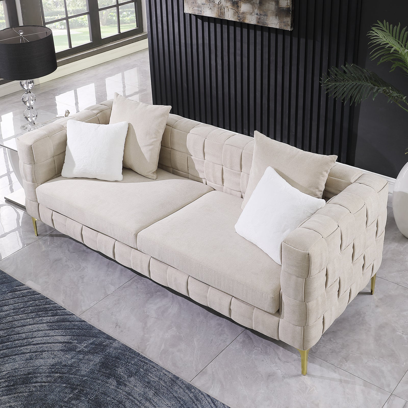 Deepth 35", Length 85" Weave Sofa,Weave Sofa ,Contemporary Concept Sofa.Handcrafted Weave Sofa Beige Snowflake Velvet Fabric