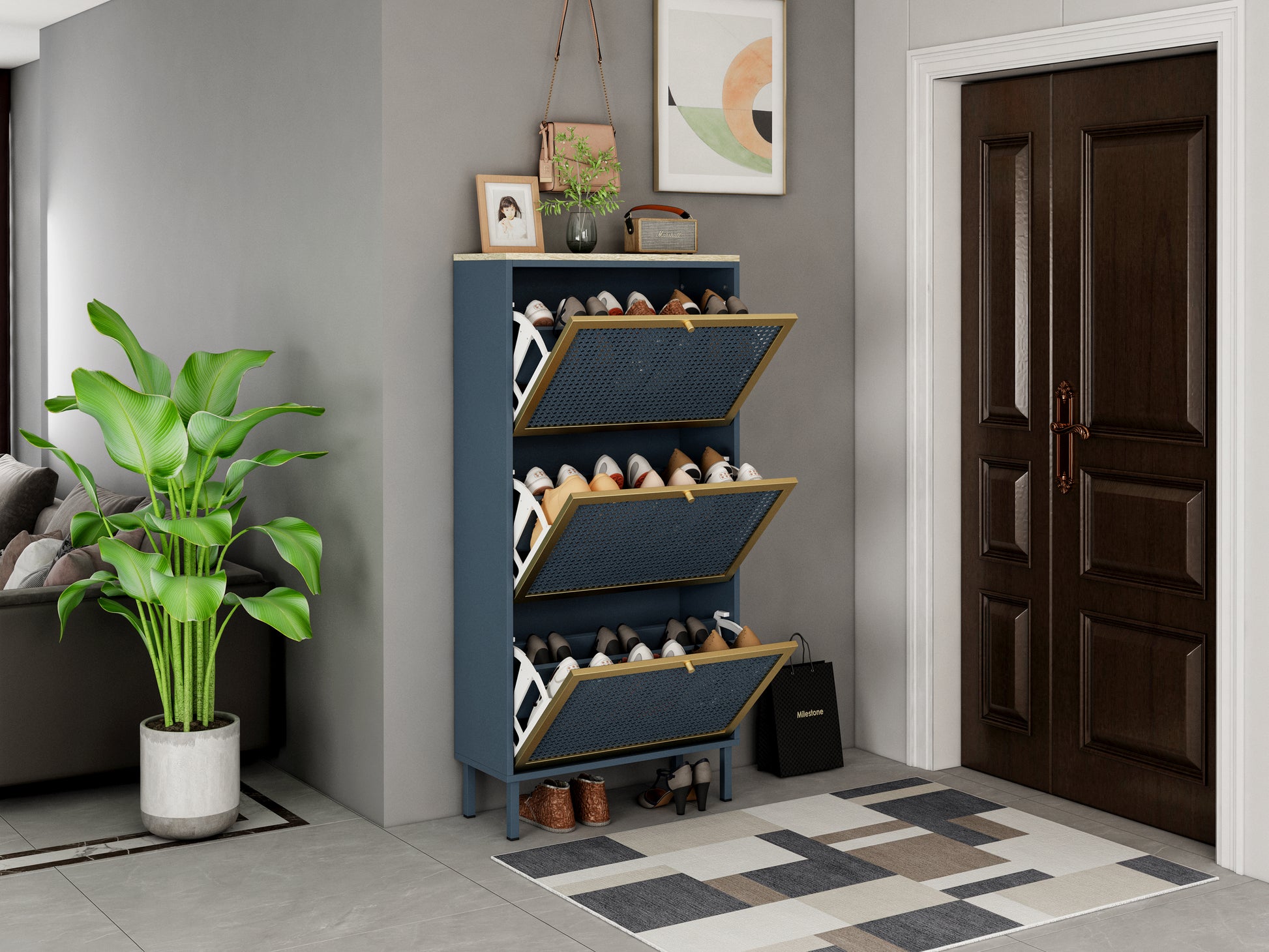 3 Metal Door Shoe Rack, Freestanding Modern Shoe Storage Cabinet, Metal Rattan, For Entryway Blue Gray Particle Board