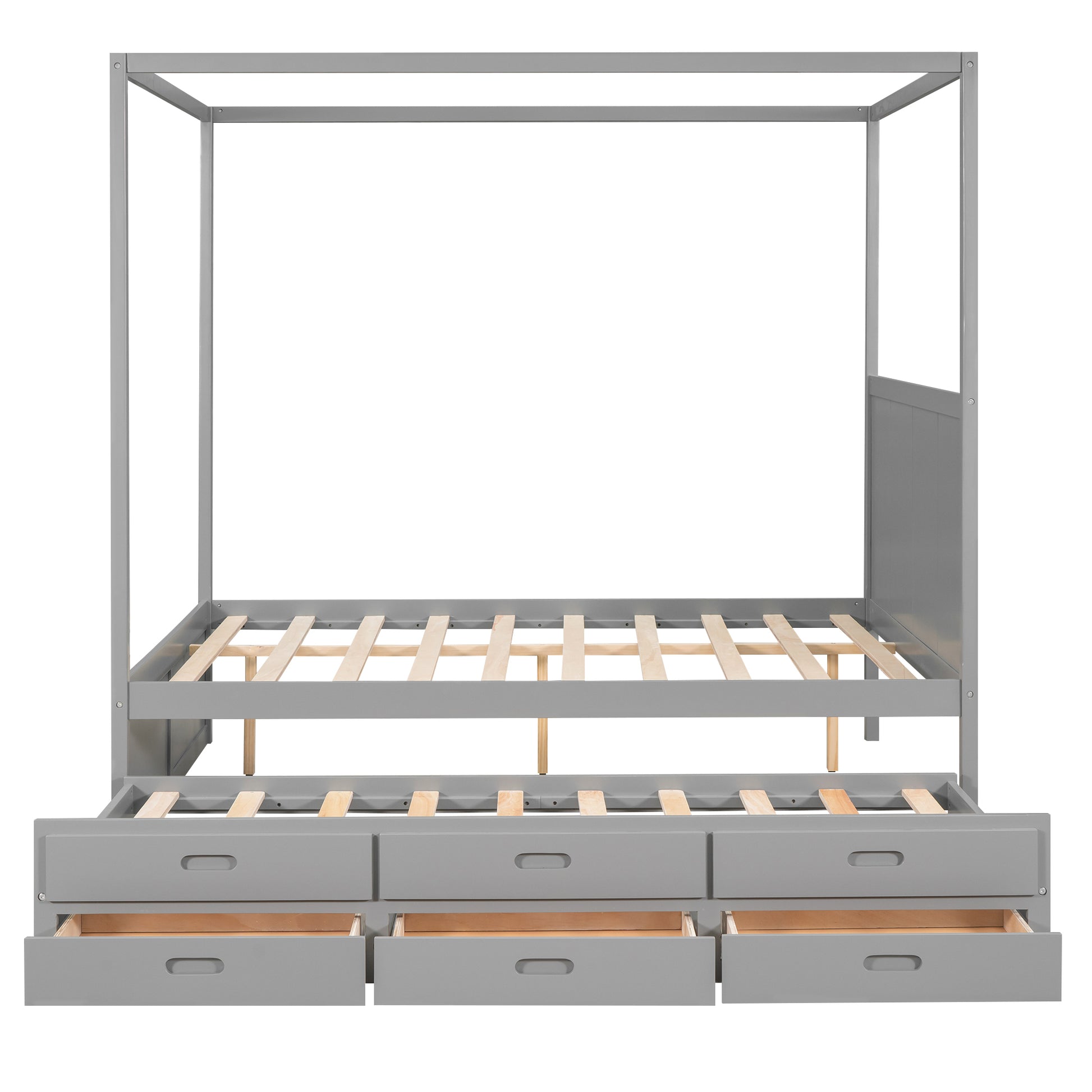 Queen Size Canopy Platform Bed With Twin Size Trundle And Three Storage Drawers,Gray Gray Pine