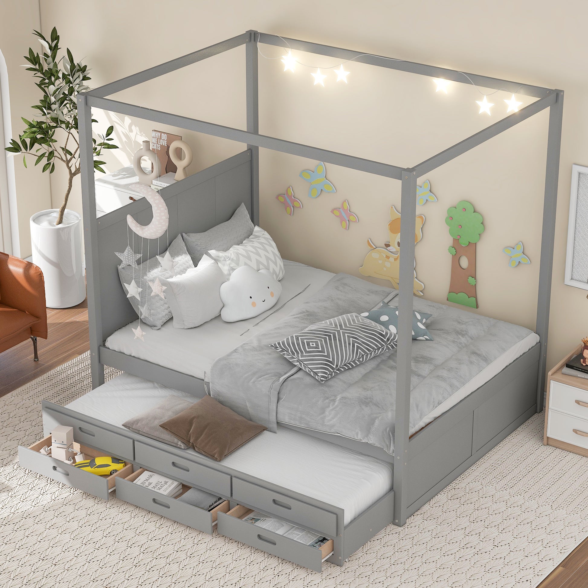 Queen Size Canopy Platform Bed With Twin Size Trundle And Three Storage Drawers,Gray Gray Pine