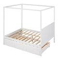 Queen Size Canopy Platform Bed With Twin Size Trundle And Three Storage Drawers,White White Pine