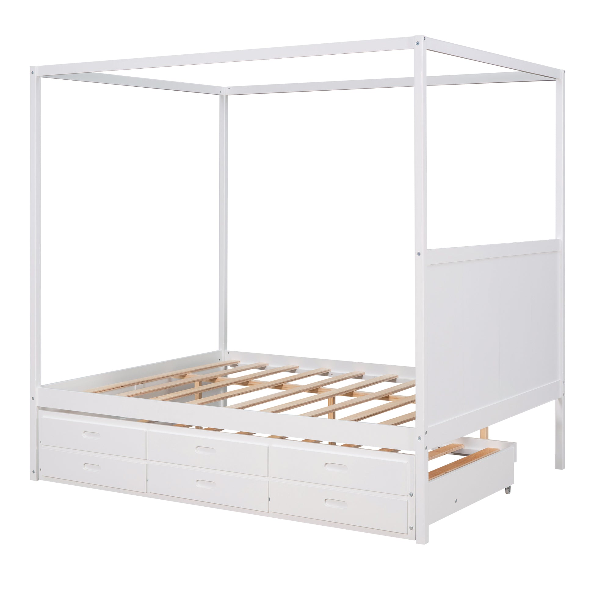 Queen Size Canopy Platform Bed With Twin Size Trundle And Three Storage Drawers,White White Pine