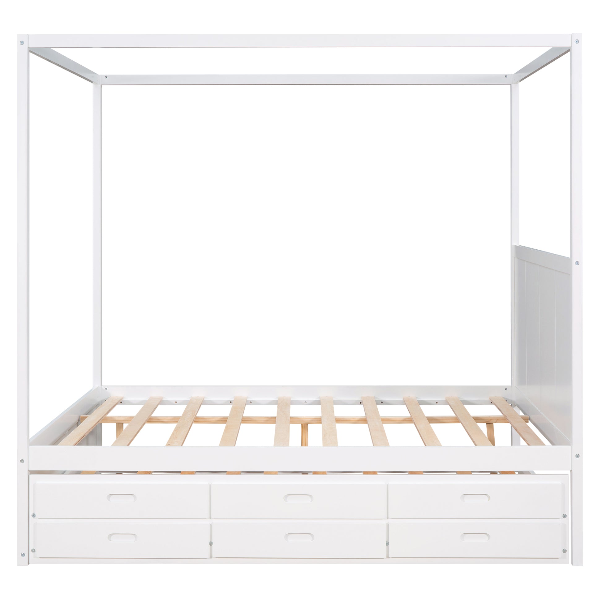 Queen Size Canopy Platform Bed With Twin Size Trundle And Three Storage Drawers,White White Pine