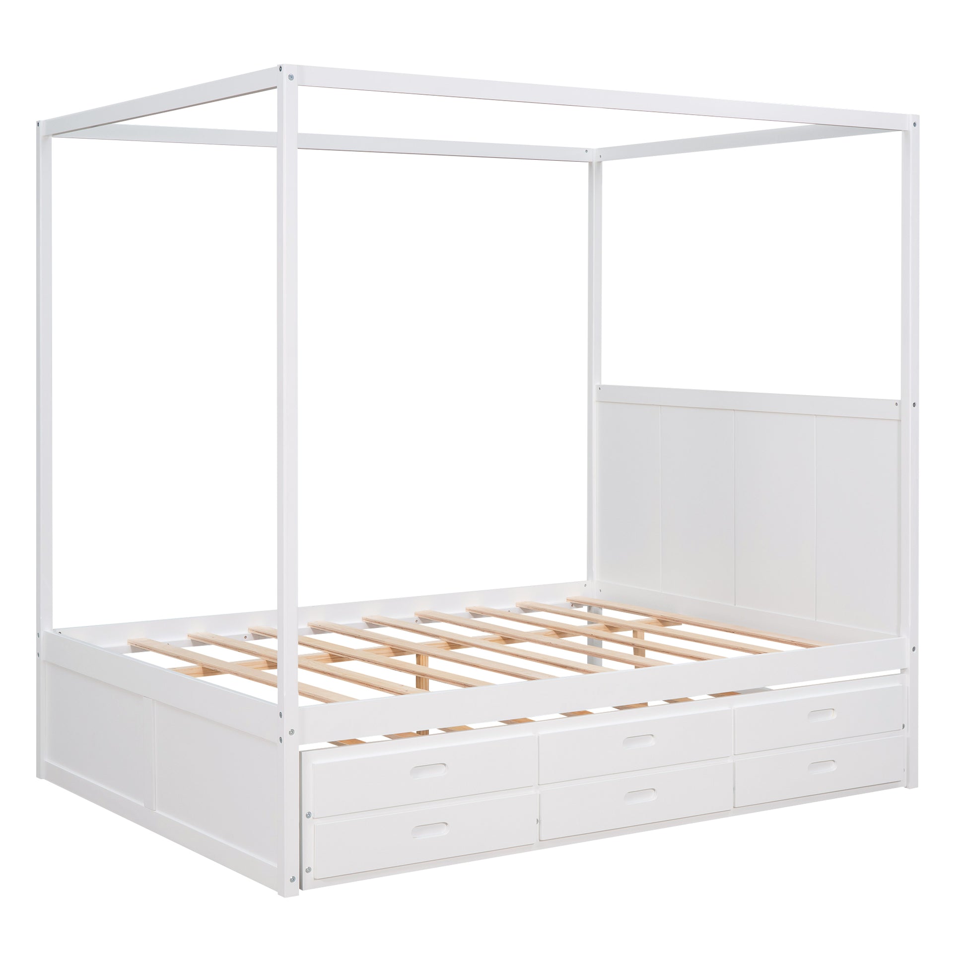 Queen Size Canopy Platform Bed With Twin Size Trundle And Three Storage Drawers,White White Pine