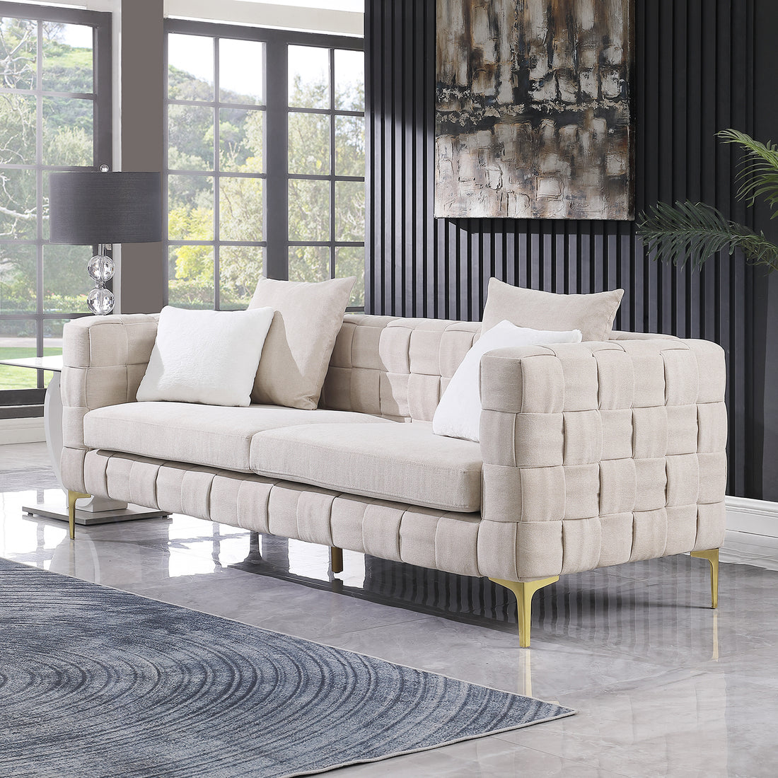 Deepth 35", Length 85" Weave Sofa,Weave Sofa ,Contemporary Concept Sofa.Handcrafted Weave Sofa Beige Snowflake Velvet Fabric