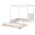 Queen Size Canopy Platform Bed With Twin Size Trundle And Three Storage Drawers,White White Pine