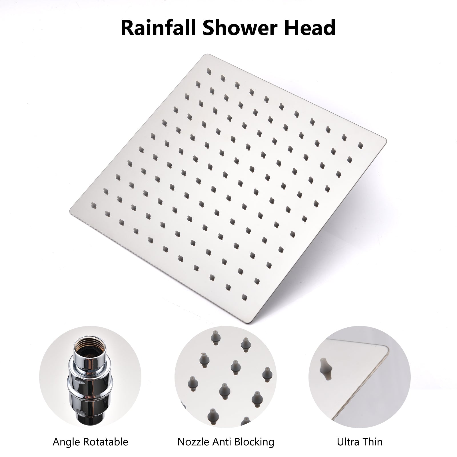 Chrome Shower Head, 10 Inch High Pressure Rainfall Shower Head Handheld Shower Combo With 11 Inch Extension Arm, 6 Settings Adjustable Anti Leak Shower Head With Holder Hose, Height Angle Adjustable Chrome Metal