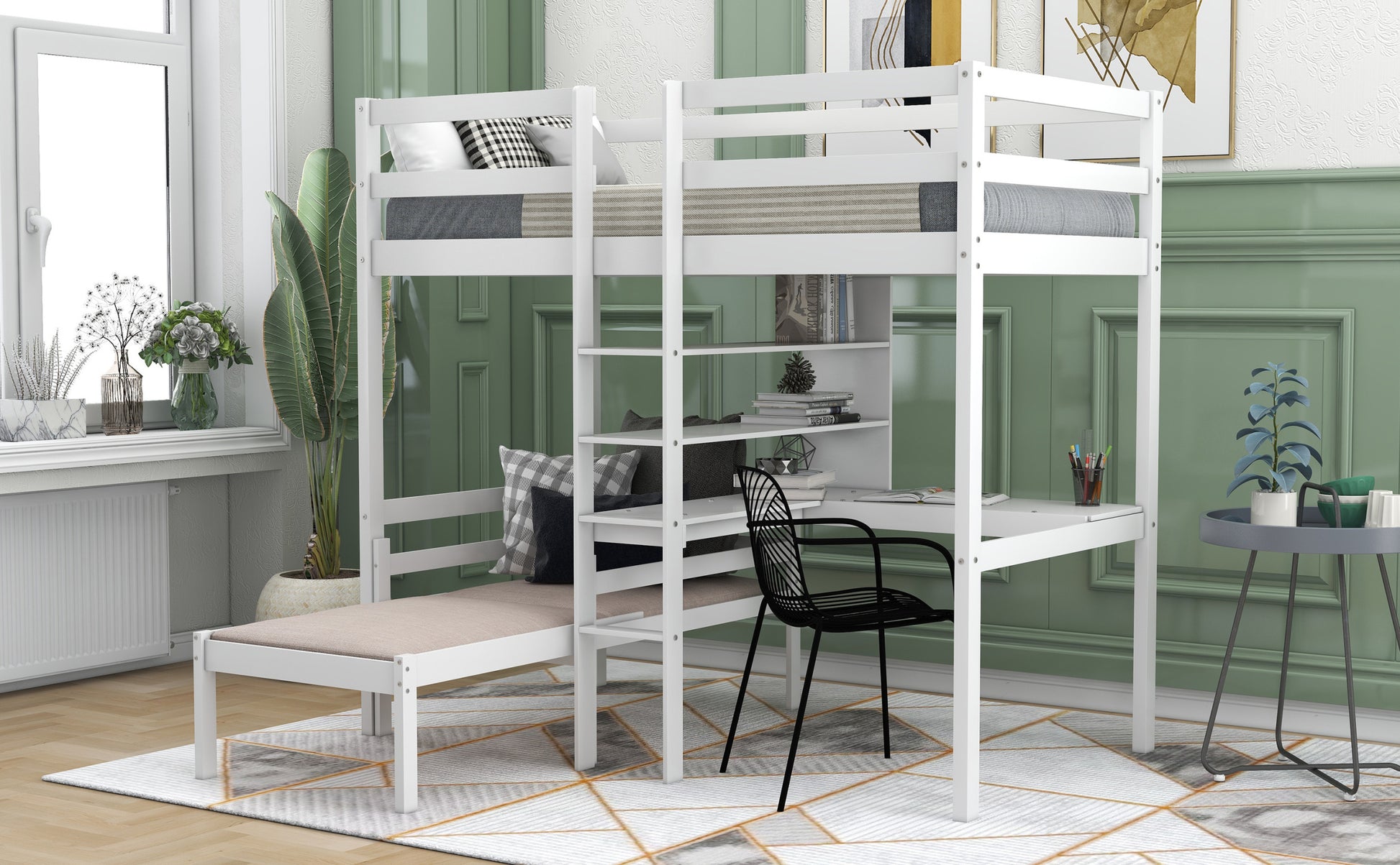 Convertible Loft Bed With L Shape Desk, Twin Bunk Bed With Shelves And Ladder, White Old Sku:Sm000209Aak 1 Twin White Pine