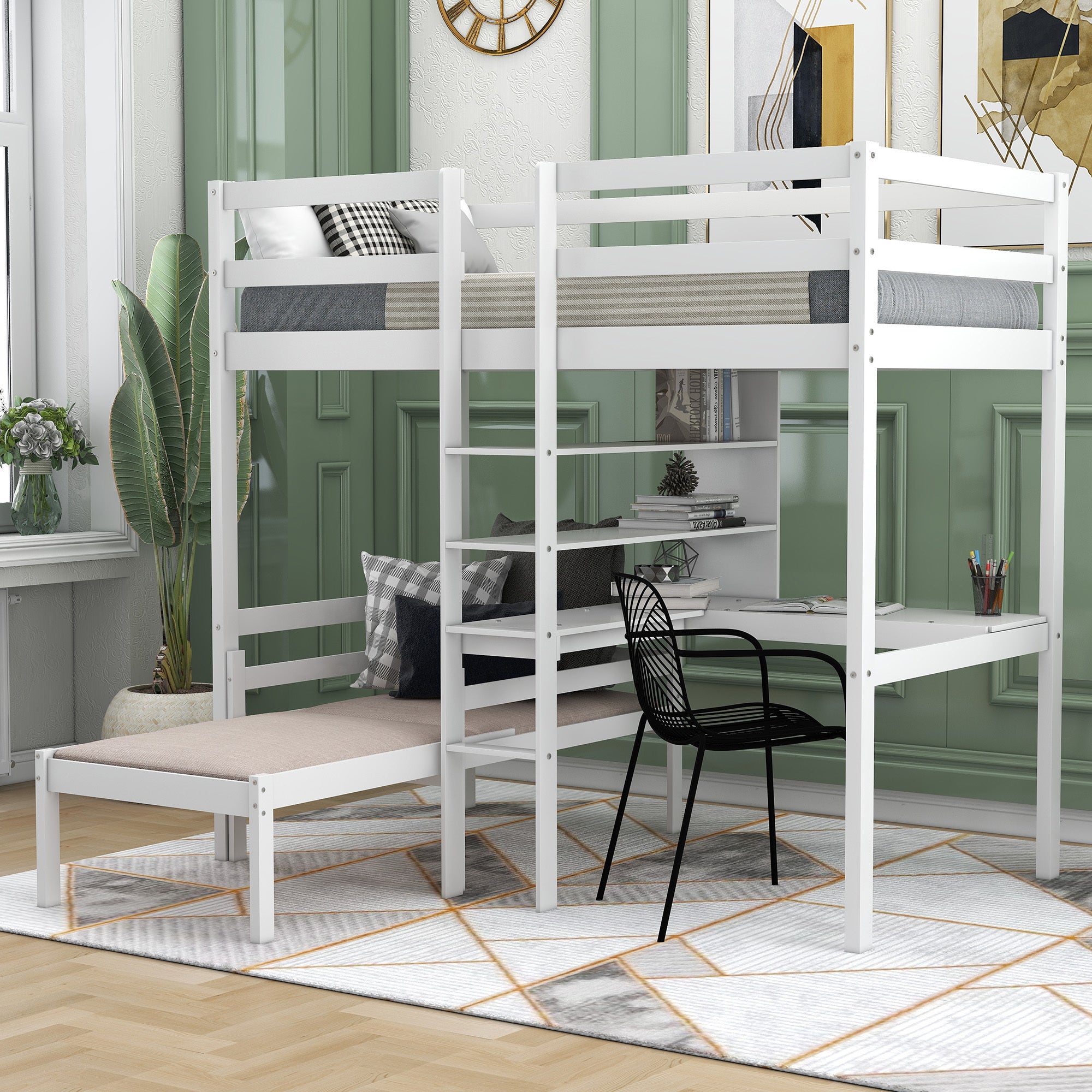 Convertible Loft Bed With L Shape Desk, Twin Bunk Bed With Shelves And Ladder, White Old Sku:Sm000209Aak 1 Twin White Pine