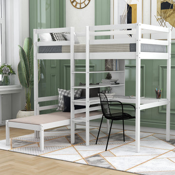 Convertible Loft Bed With L Shape Desk, Twin Bunk Bed With Shelves And Ladder, White Old Sku:Sm000209Aak 1 Twin White Pine