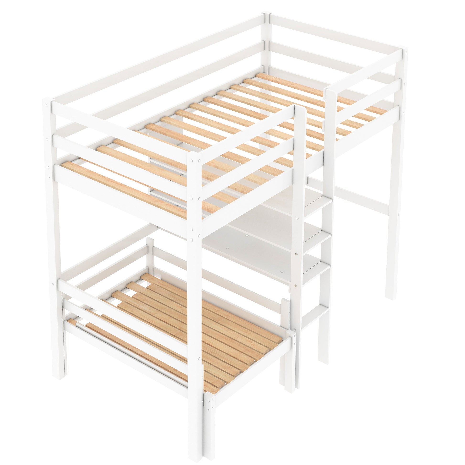 Convertible Loft Bed With L Shape Desk, Twin Bunk Bed With Shelves And Ladder, White Old Sku:Sm000209Aak 1 Twin White Pine