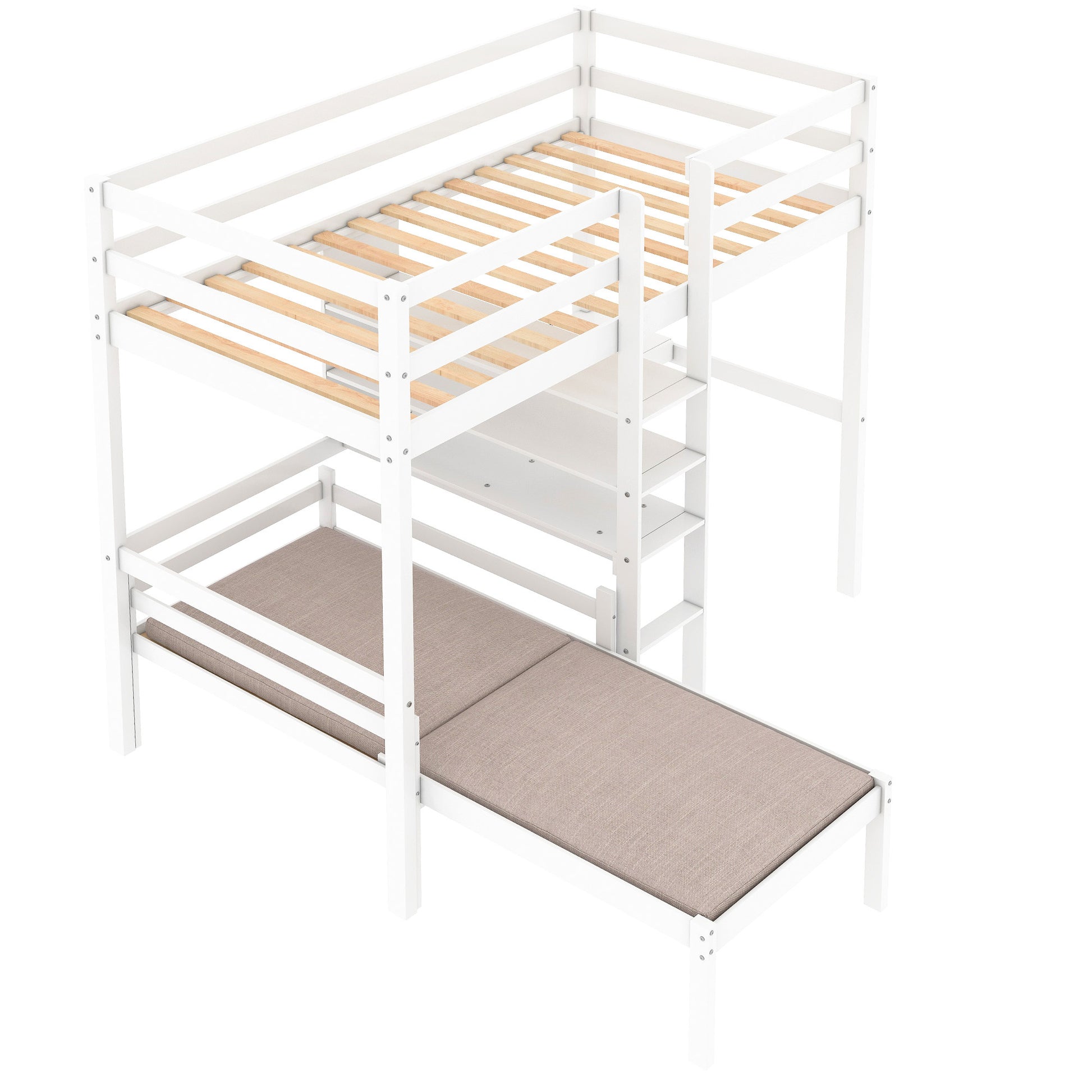 Convertible Loft Bed With L Shape Desk, Twin Bunk Bed With Shelves And Ladder, White Old Sku:Sm000209Aak 1 Twin White Pine