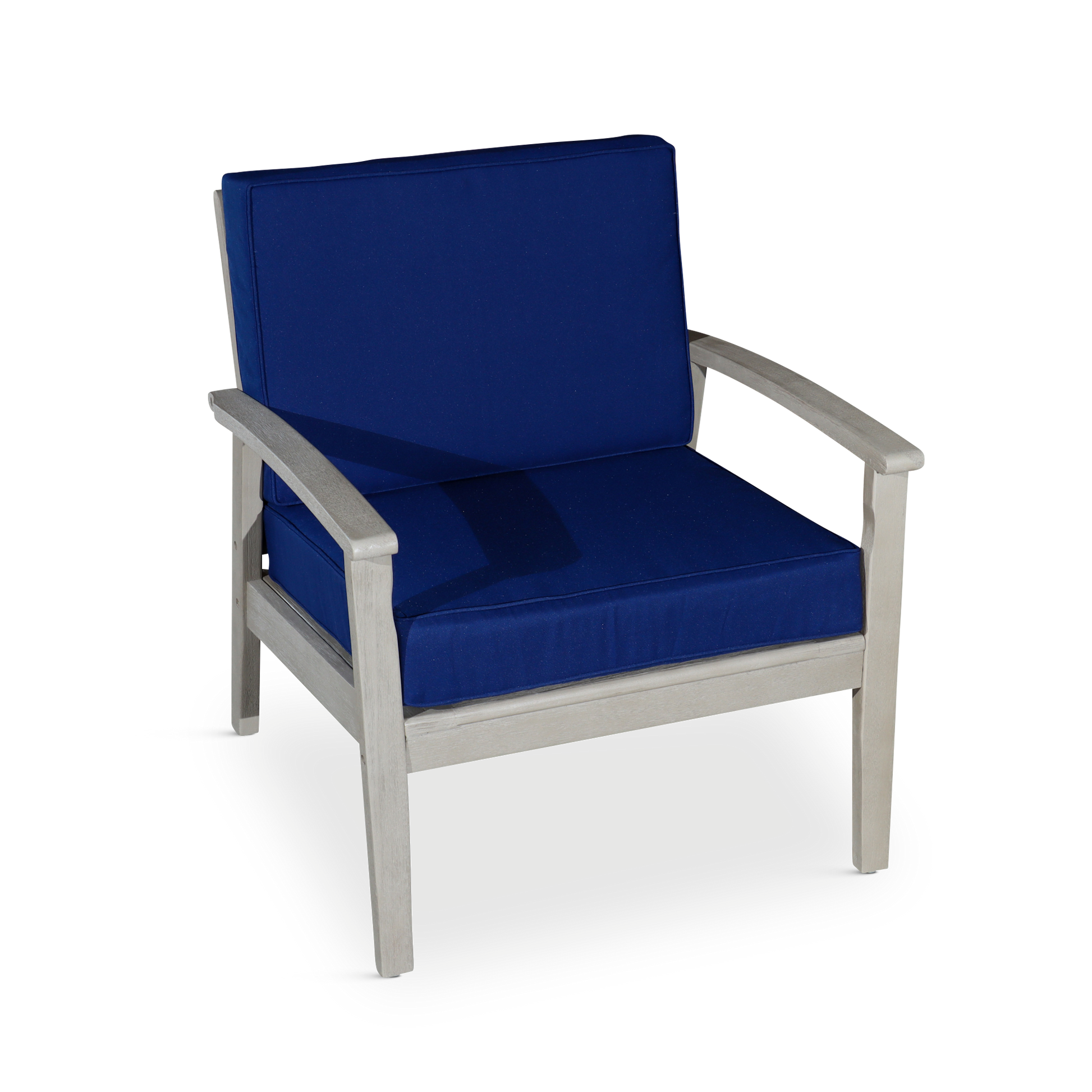 Deep Seat Eucalyptus Chair, Driftwood Gray Finish, Navy Cushions Gray Eucalyptus