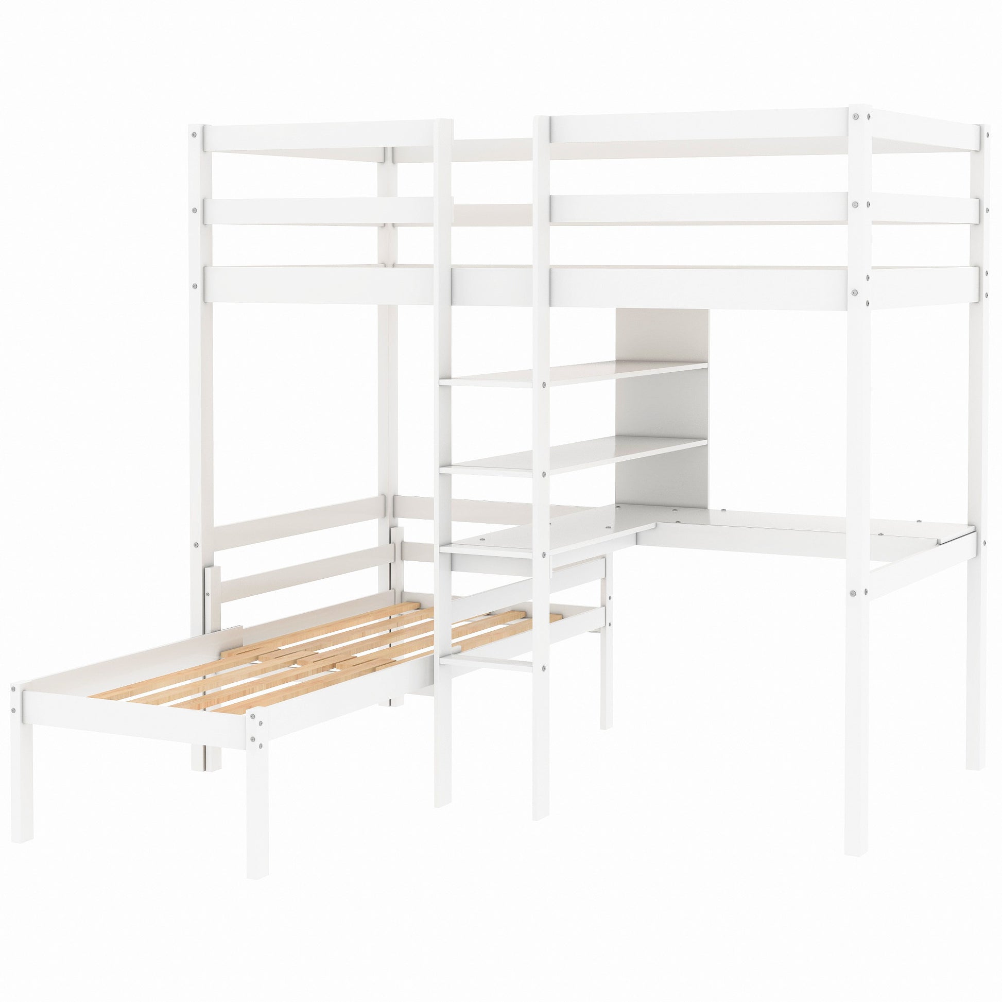 Convertible Loft Bed With L Shape Desk, Twin Bunk Bed With Shelves And Ladder, White Old Sku:Sm000209Aak 1 Twin White Pine