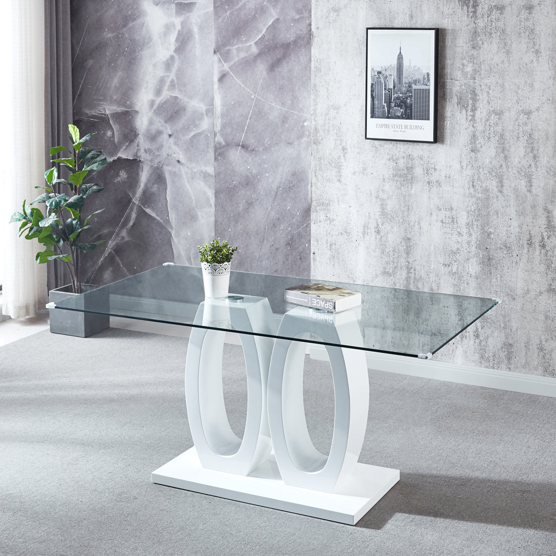 Modern Design Mdf Dining Table With White Finish, Clear Glass Top, For 6 People White Mdf