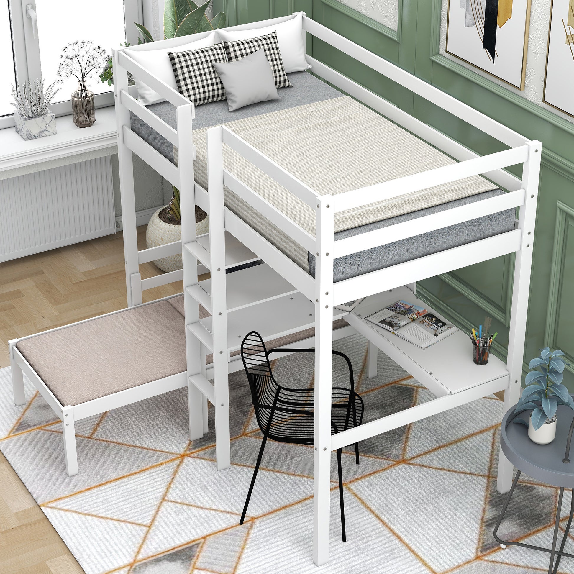 Convertible Loft Bed With L Shape Desk, Twin Bunk Bed With Shelves And Ladder, White Old Sku:Sm000209Aak 1 Twin White Pine