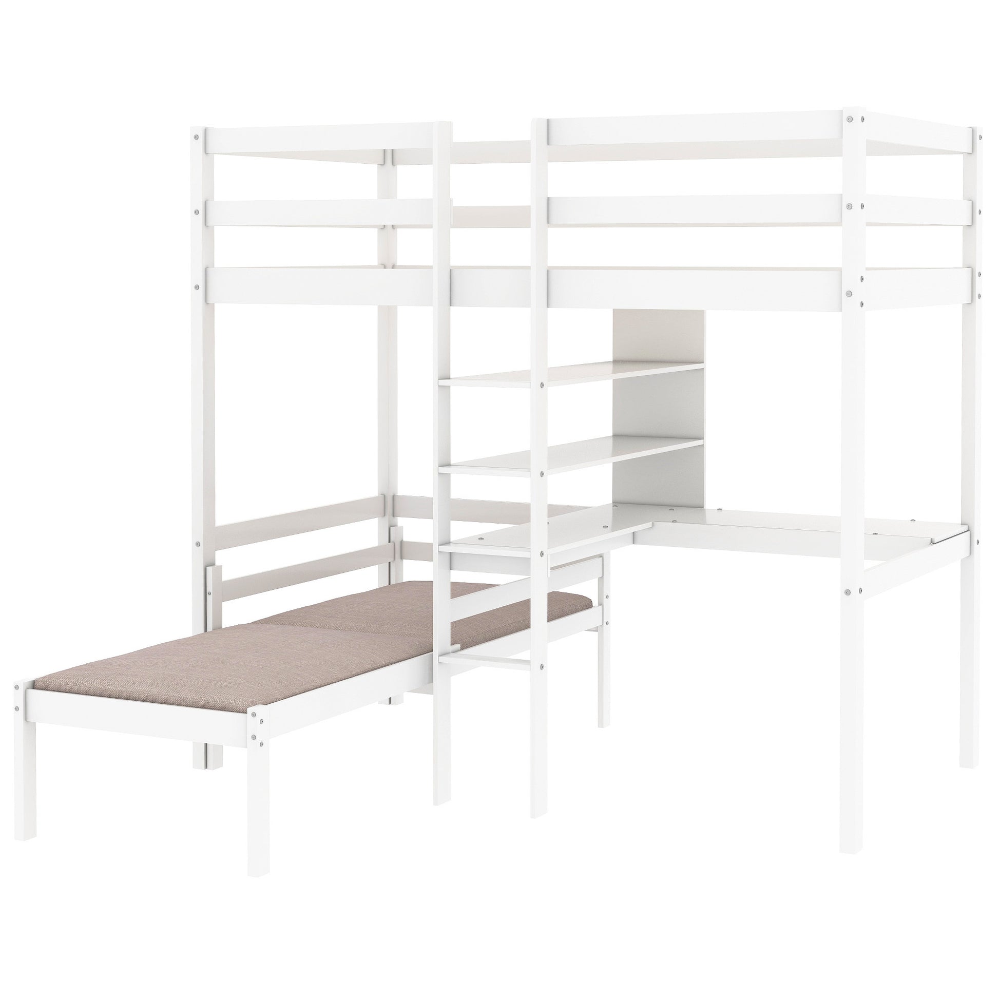 Convertible Loft Bed With L Shape Desk, Twin Bunk Bed With Shelves And Ladder, White Old Sku:Sm000209Aak 1 Twin White Pine