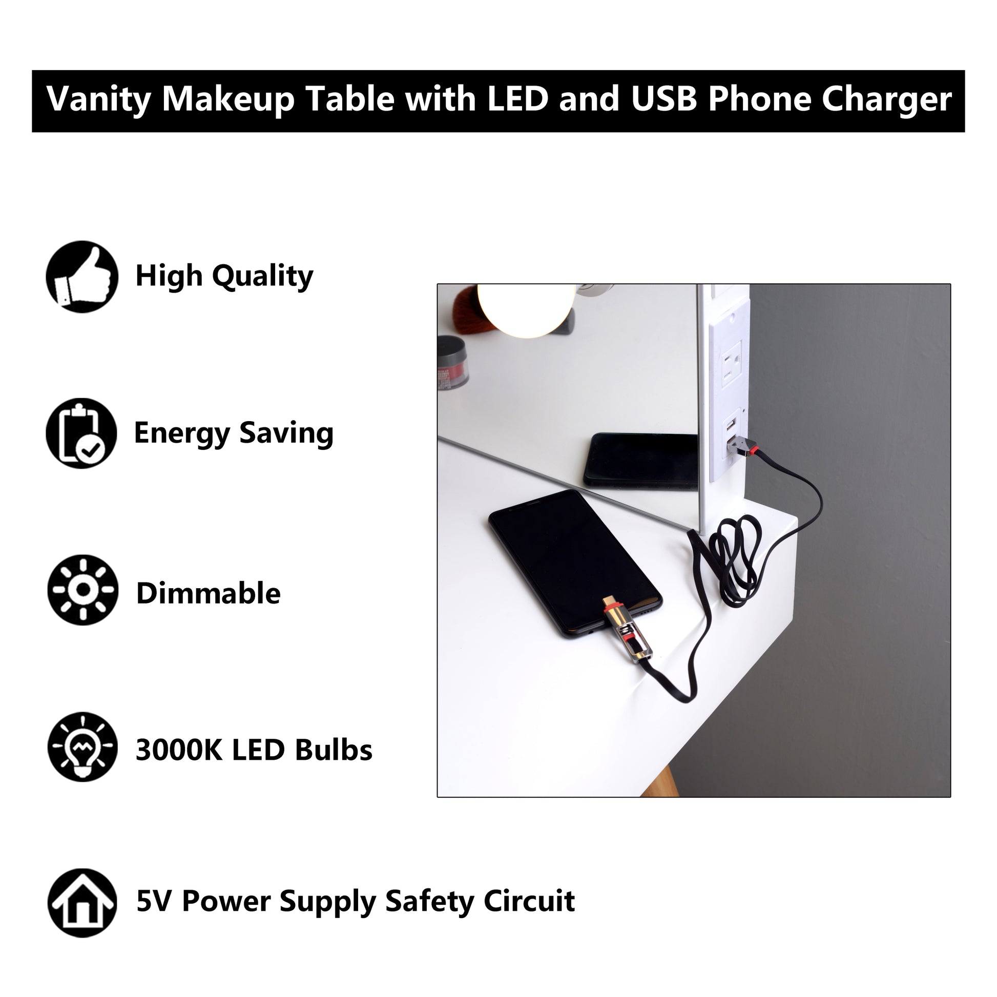 Wooden Vanity Table Makeup Dressing Desk With Led Light,White White Mdf