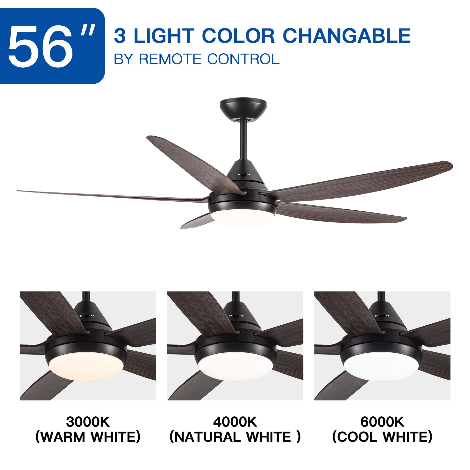 56 In Intergrated Led Ceiling Fan Lighting With Brown Wood Grain Abs Blade Black Brown Abs