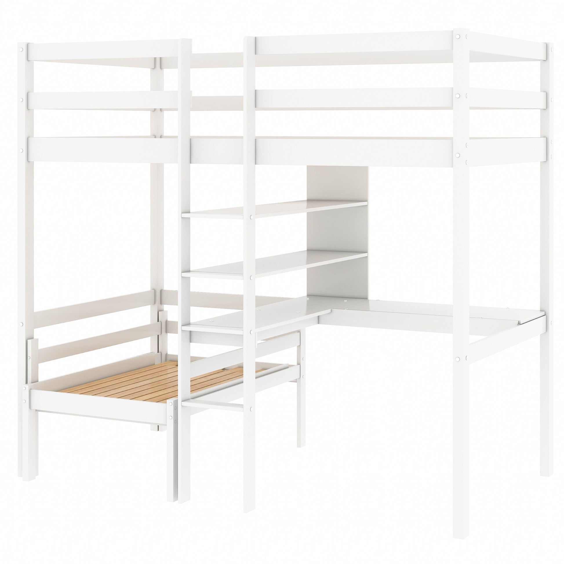 Convertible Loft Bed With L Shape Desk, Twin Bunk Bed With Shelves And Ladder, White Old Sku:Sm000209Aak 1 Twin White Pine