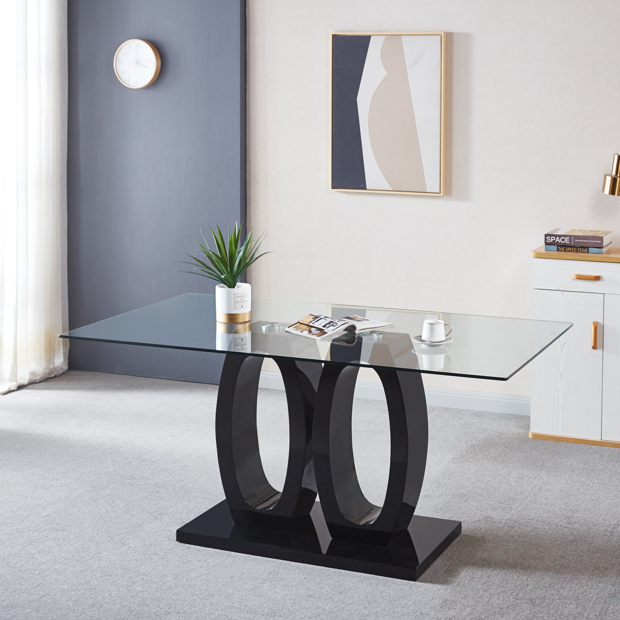 Contemporary Tempered Glass Top Double Pedestal Dining Table, Size 63" X 35.4" X 29.5" Black Or White Black Mdf