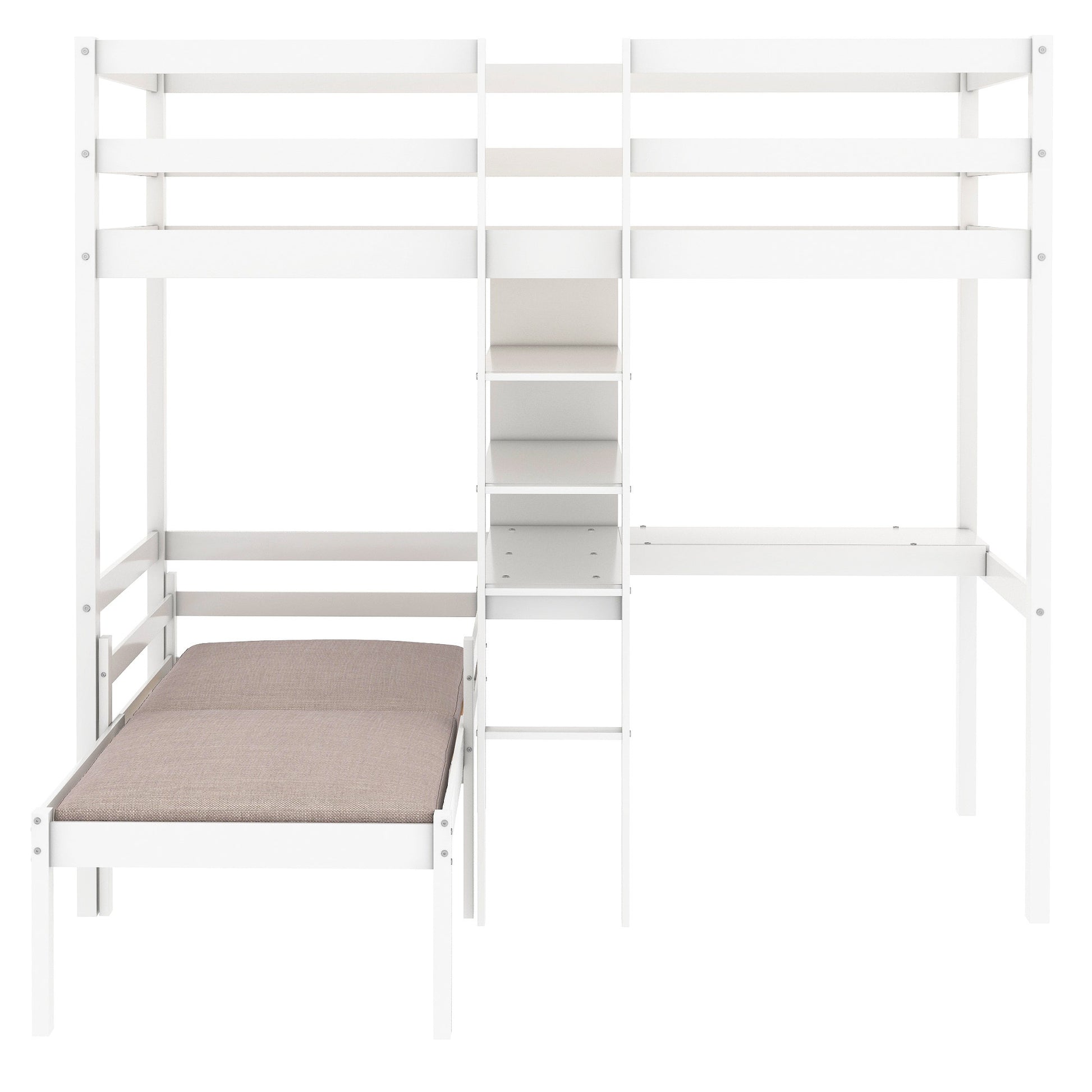 Convertible Loft Bed With L Shape Desk, Twin Bunk Bed With Shelves And Ladder, White Old Sku:Sm000209Aak 1 Twin White Pine