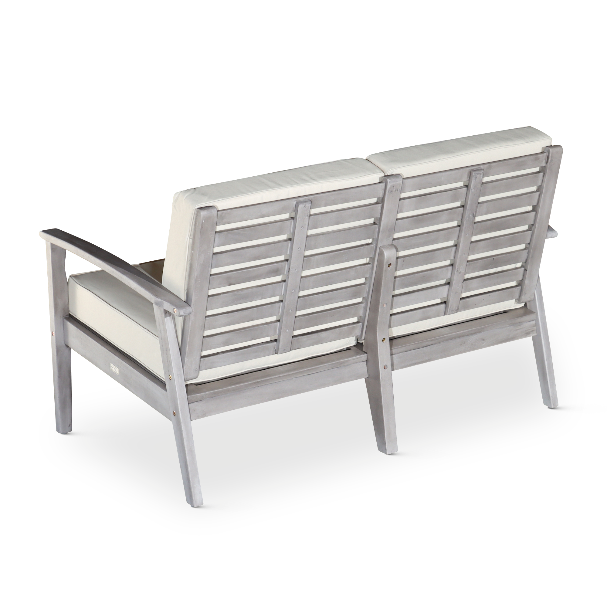 Eucalyptus Loveseat With Cushions, Silver Gray Finish, Burdy Cushions Silver Grey Eucalyptus